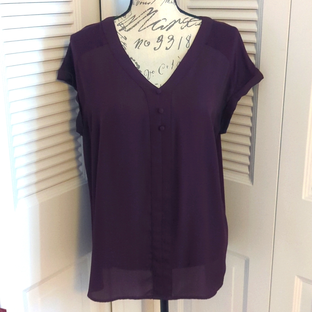 Purple shirt sleeve blouse by Fortune + Ivy